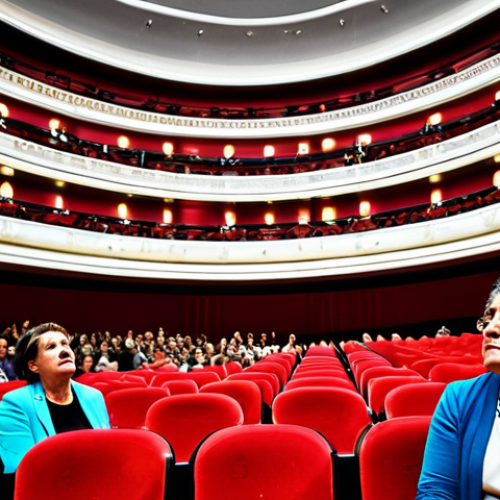Home 14 Teatro - Reflejo de la Sociedad**
"A vibrant scene inside the Teatro Real in Madrid, Spain. Focus on a family watching a play about social issues. The stage is brightly lit, showing actors in period costumes. The audience is diverse and engaged. In the foreground, a child is whispering a question to their parent. Elegant architecture, plush red seats, golden accents. Safe for work, appropriate content, fully clothed, professional photography, perfect anatomy, natural proportions, family-friendly, modest clothing, realistic style."
**