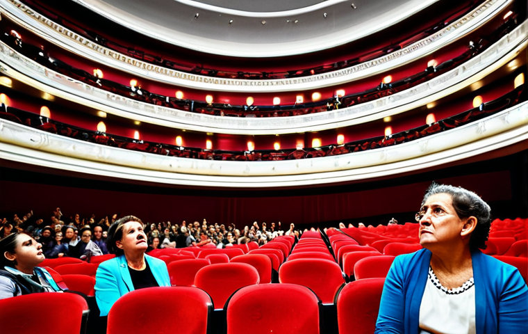 Teatro - Reflejo de la Sociedad**

"A vibrant scene inside the Teatro Real in Madrid, Spain.  Focus on a family watching a play about social issues. The stage is brightly lit, showing actors in period costumes. The audience is diverse and engaged.  In the foreground, a child is whispering a question to their parent.  Elegant architecture, plush red seats,  golden accents.  Safe for work, appropriate content, fully clothed, professional photography, perfect anatomy, natural proportions, family-friendly, modest clothing, realistic style."

**