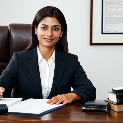 Home 9 Copyright Lawyer**
A professional "abogada" (lawyer) in a modest, dark business suit, sitting at a large wooden desk in a well-lit office. Law books and legal documents are visible in the background. She is signing a contract. "Safe for work," "appropriate content," "fully clothed," professional, perfect anatomy, natural pose.
**