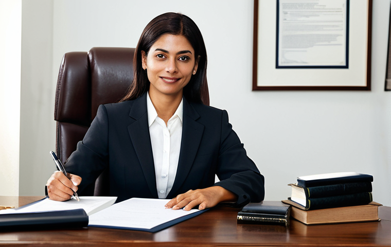Copyright Lawyer**

A professional "abogada" (lawyer) in a modest, dark business suit, sitting at a large wooden desk in a well-lit office. Law books and legal documents are visible in the background.  She is signing a contract.  "Safe for work," "appropriate content," "fully clothed," professional, perfect anatomy, natural pose.

**