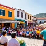 공연예술과 스폰서십 - **Prompt:** A vibrant, outdoor community festival scene in a charming, sunny town square, reminiscen...