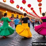공연예술과 관광 산업 - A vibrant street scene during the Feria de Abril in Seville, showcasing men and women dressed in tra...