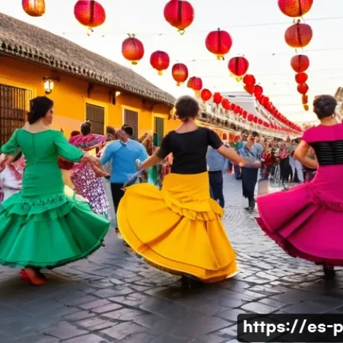 공연예술과 관광 산업 - A vibrant street scene during the Feria de Abril in Seville, showcasing men and women dressed in tra...