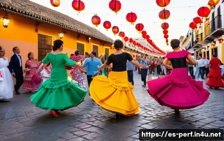 공연예술과 관광 산업 - A vibrant street scene during the Feria de Abril in Seville, showcasing men and women dressed in tra...
