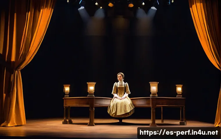 공연 무대 디자인 - A theatrical stage set featuring a warm, inviting atmosphere with rich, aged wood textures and trans...