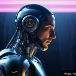 공연예술과 AI 캐릭터 - A futuristic theater stage scene featuring a digital humanoid character created with AI, displaying ...