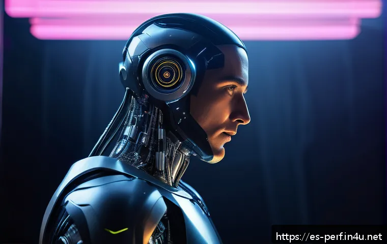 공연예술과 AI 캐릭터 - A futuristic theater stage scene featuring a digital humanoid character created with AI, displaying ...