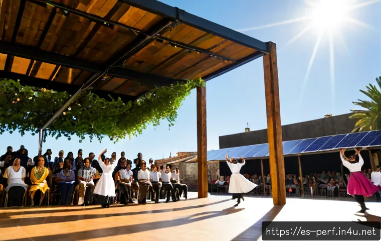 공연예술과 환경 지속 가능성 - Photorealistic wide-angle view of an open-air performing arts stage in a sunny Spanish city plaza, d...